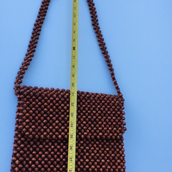 Vintage Hand Made Brown Wood Beaded Evening Shoulder Handbag Long Strap Bag - Picture 8 of 12